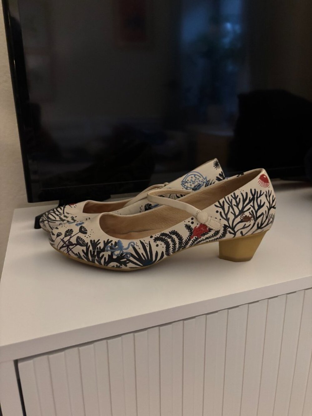 Camper Unique Ocean / Sea Life Print Mary Jane Block Heel Shoes size 41/9.5